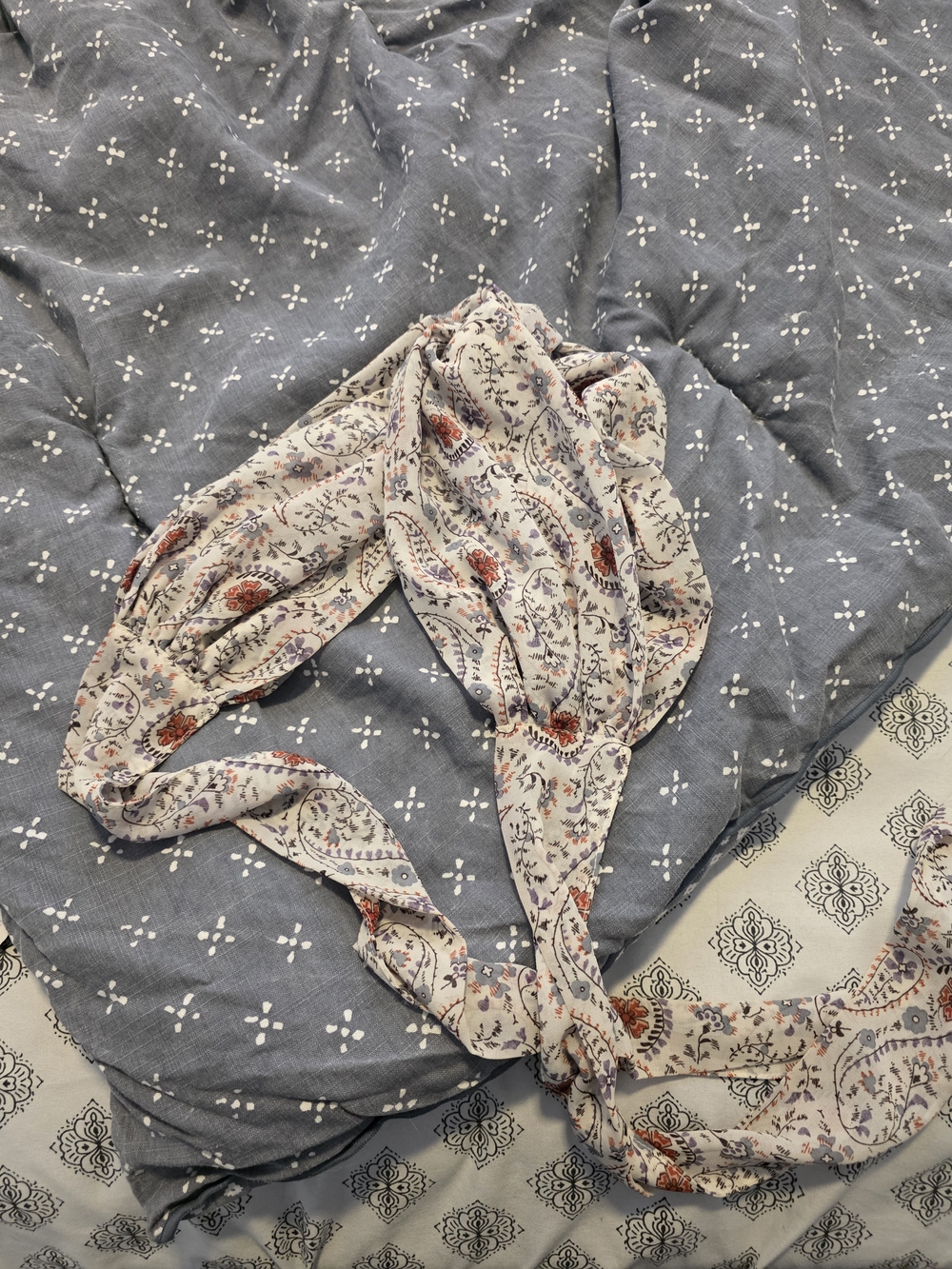Anthropologie Cream Floral Print Twist Headband with Rust and Lavender Accents